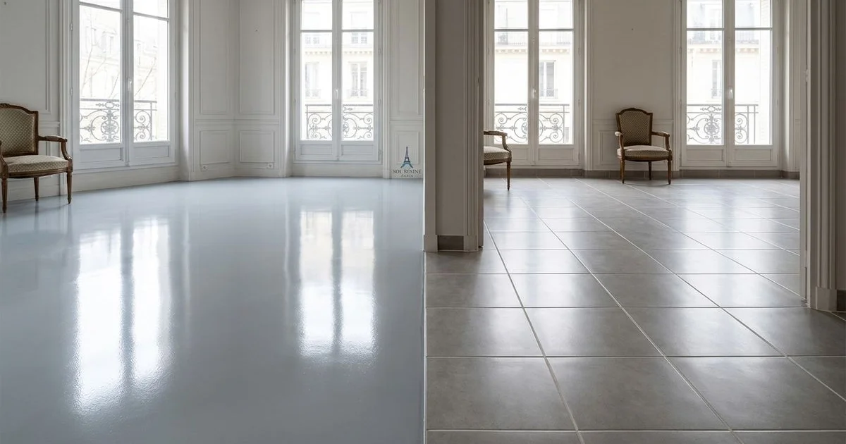 Comparatif visuel sol résine lissée brillante vs carrelage céramique avec joints