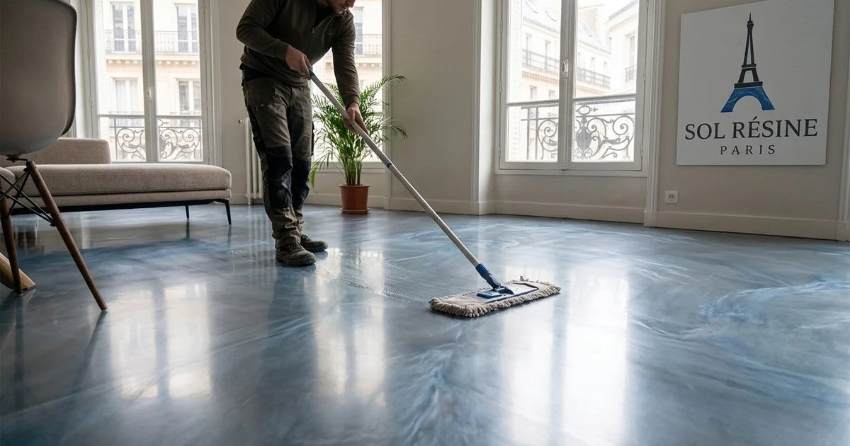 Personne nettoyant un sol résine époxy à la serpillière microfibre dans un séjour parisien