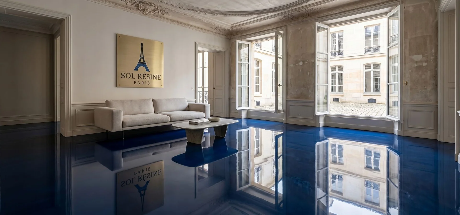 Sol résine époxy lissé brillant dans un appartement haussmannien parisien